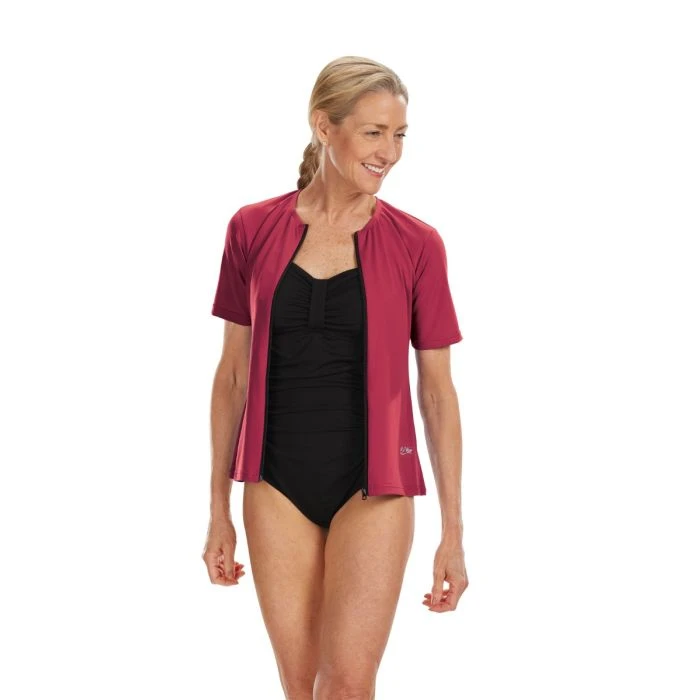 Short Sleeve Zip-Front Aqua Shirt - Bliss 2 Short Sleeve Zip-Front Aqua Shirt - Bliss - Image 2